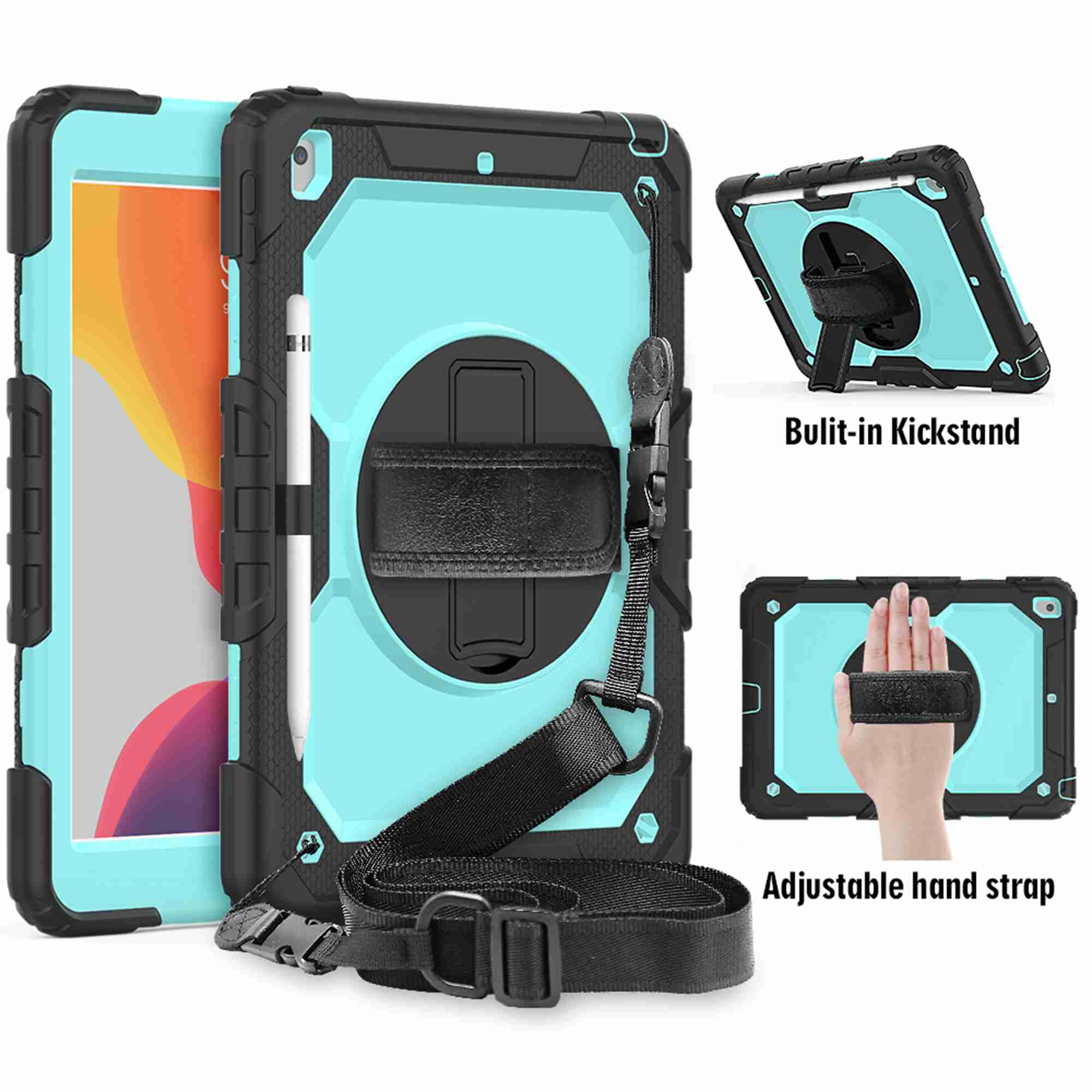 Dteck iPad 9th/ 8th/ 7th Generation Case (iPad 10.2 Case 2021/ 2020/2019) with Screen Protector Pencil Holder Kickstand Hand/ Shoulder Strap,Durable Protective Case for iPad 10.2 inch,black+lightblue