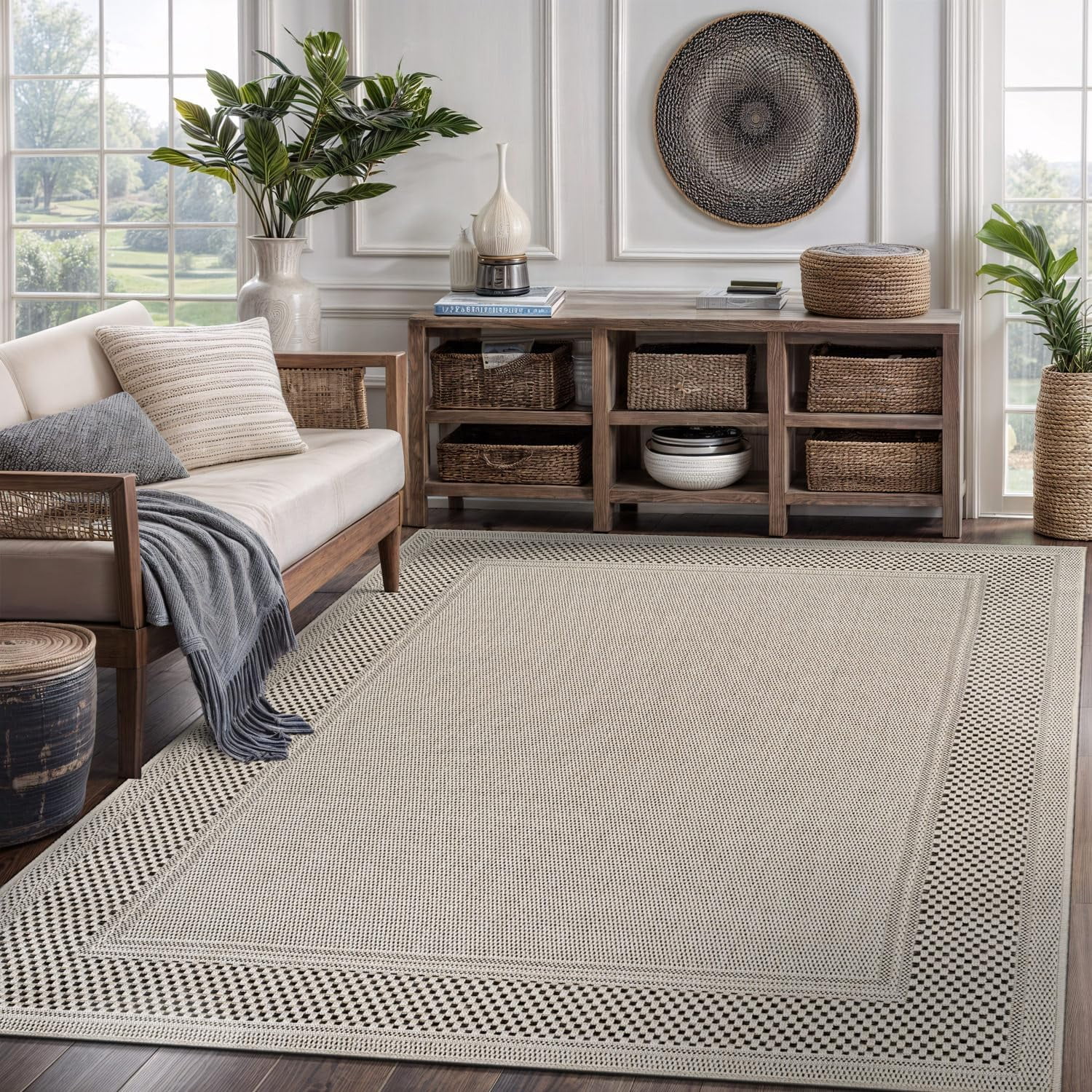 CAMILSON Bordered Non Shedding Easy-Cleaning Indoor Outdoor Easy Jute Rug Bone 5x7