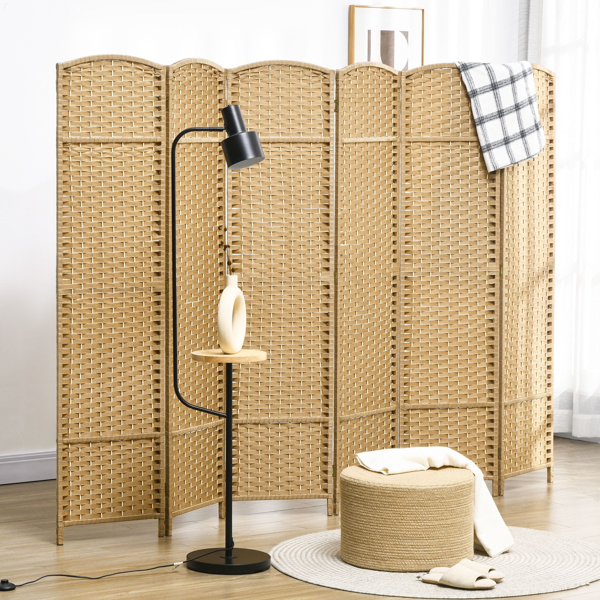 HOMCOM 6 Panel Room Divider 5.6 Ft Tall Freestanding Privacy Screen Natural Wood Flexible Space Partition