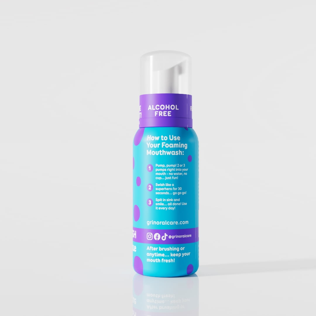 Grin Kids Foaming Mouthwash, Razzle Dazzle Blue Raspberry, Fluoride Free, 3.38 fl oz