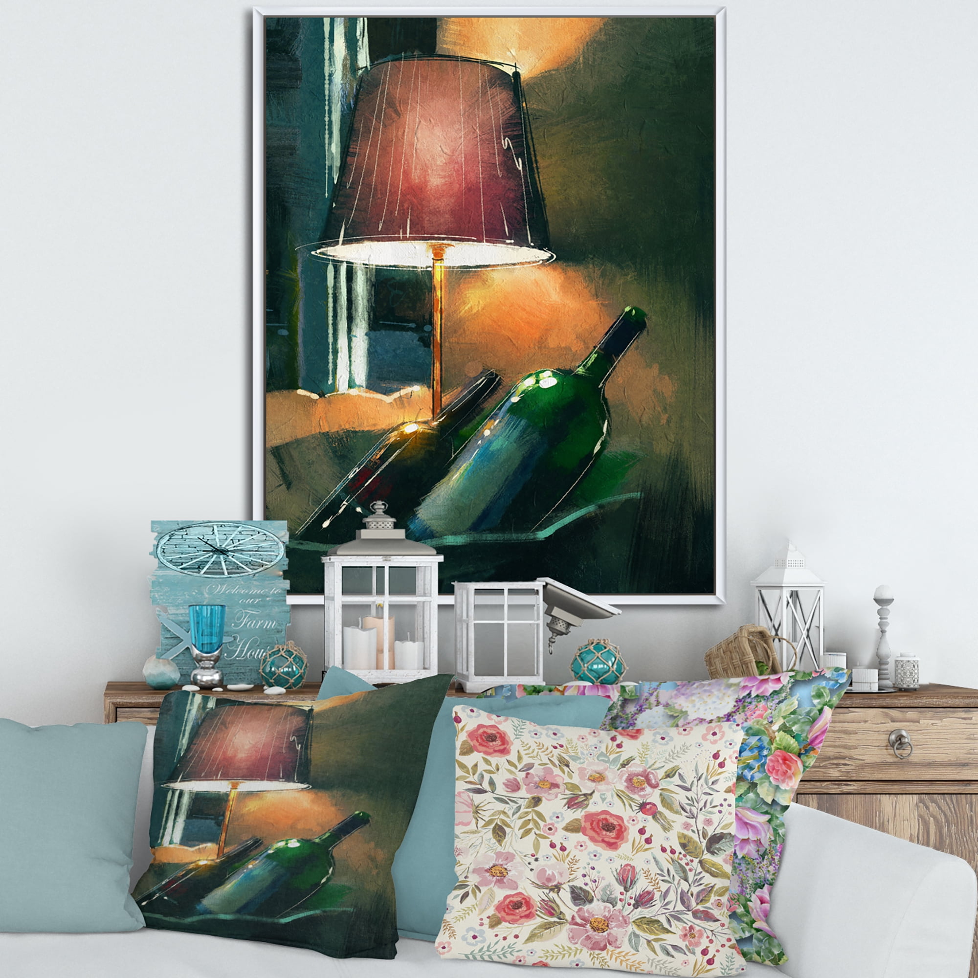 Lamp Glowing Orange In The Night and Wine Bottles 30 in x 40 in Framed Painting Canvas Art Print, by Designart