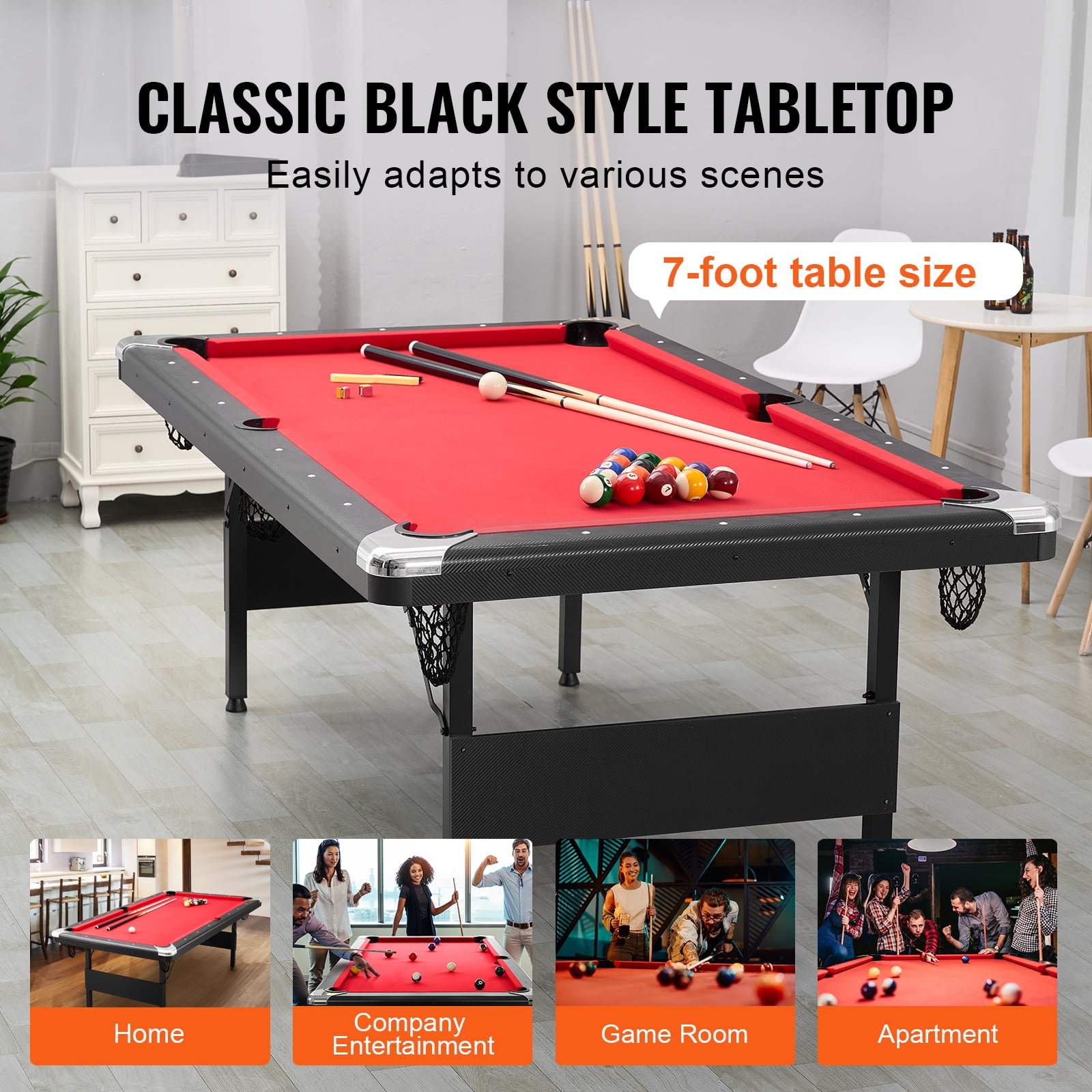 KFFKFF Pool Table, 7-foot, Compact Folding Design, Complete Billiard Set with Balls, Sticks, Chalks, and Brush, Black Frame with Red Felt, Ideal for Home Entertainment for All Ages