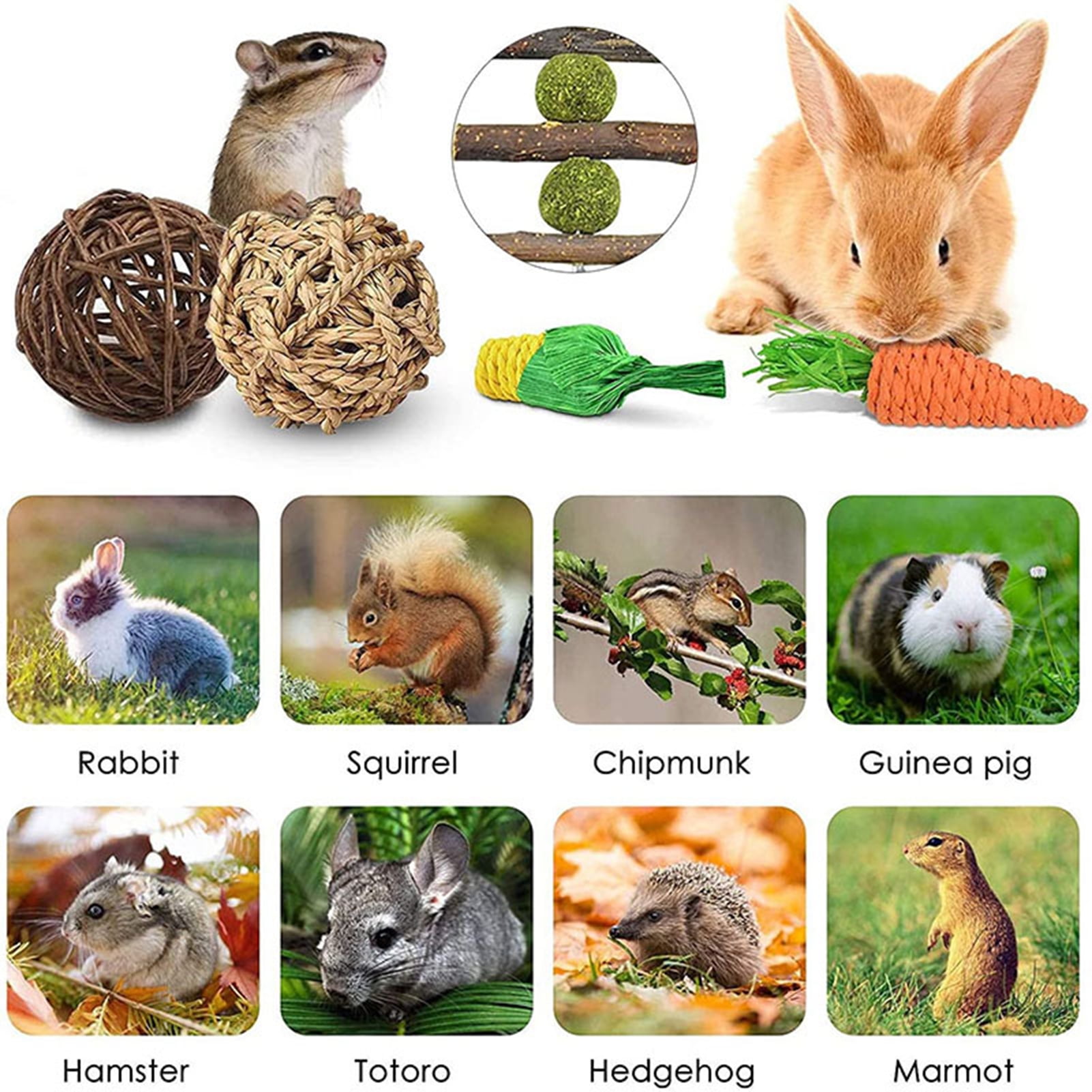 DOPI 9Pcs/Set Hamster Chew Toys Timothy Hay Balls Teeth Grinding Natural Small Animal Play Chew Toys Pet Supplies