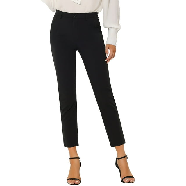 Pantalones de tobillo de trabajo de oficina trasera elásticos de cintura alta a cuadros de mujer Negro XS