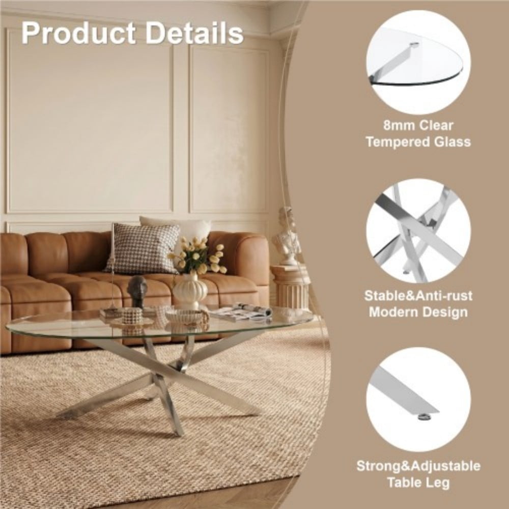 Oval Coffee Table, 39.37" Tempered Glass Top with Antique Silver Cross Legs, Modern Side Table, Tea Table for Living Room, Apartment, Cafe