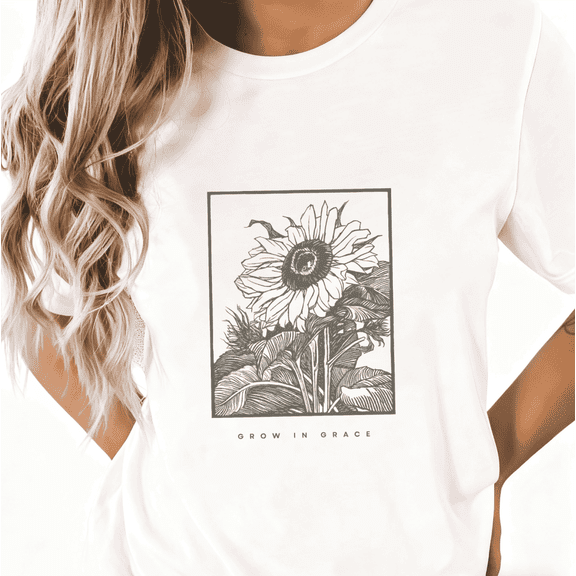 Women's White Print Tshirt Graphic Tees Shirts S - 5XL Nature - Inspired Sunflower Grow Minimalist Tops