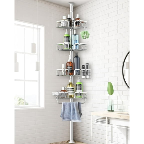 Shower Corner Caddy Tension Pole,Rustproof 4-Tier Bathroom Organizer,Adjustable Standing Shelves for Bathtub Shower Shampoo Storage,39 to 113 Inch,Silver
