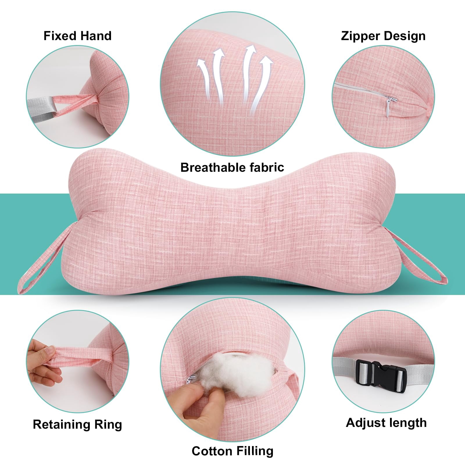 RoamReady Dog Bone Neck Pillow, Fixed Rope Loops Chiropractic Support, Travel Driving Lumbar Comfort, Adult Pink