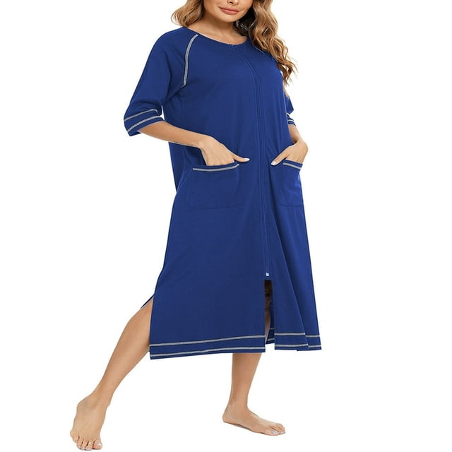 Ladies Nightgown Short Sleeved Crew Neck Zip-up Slit Maxi Dress