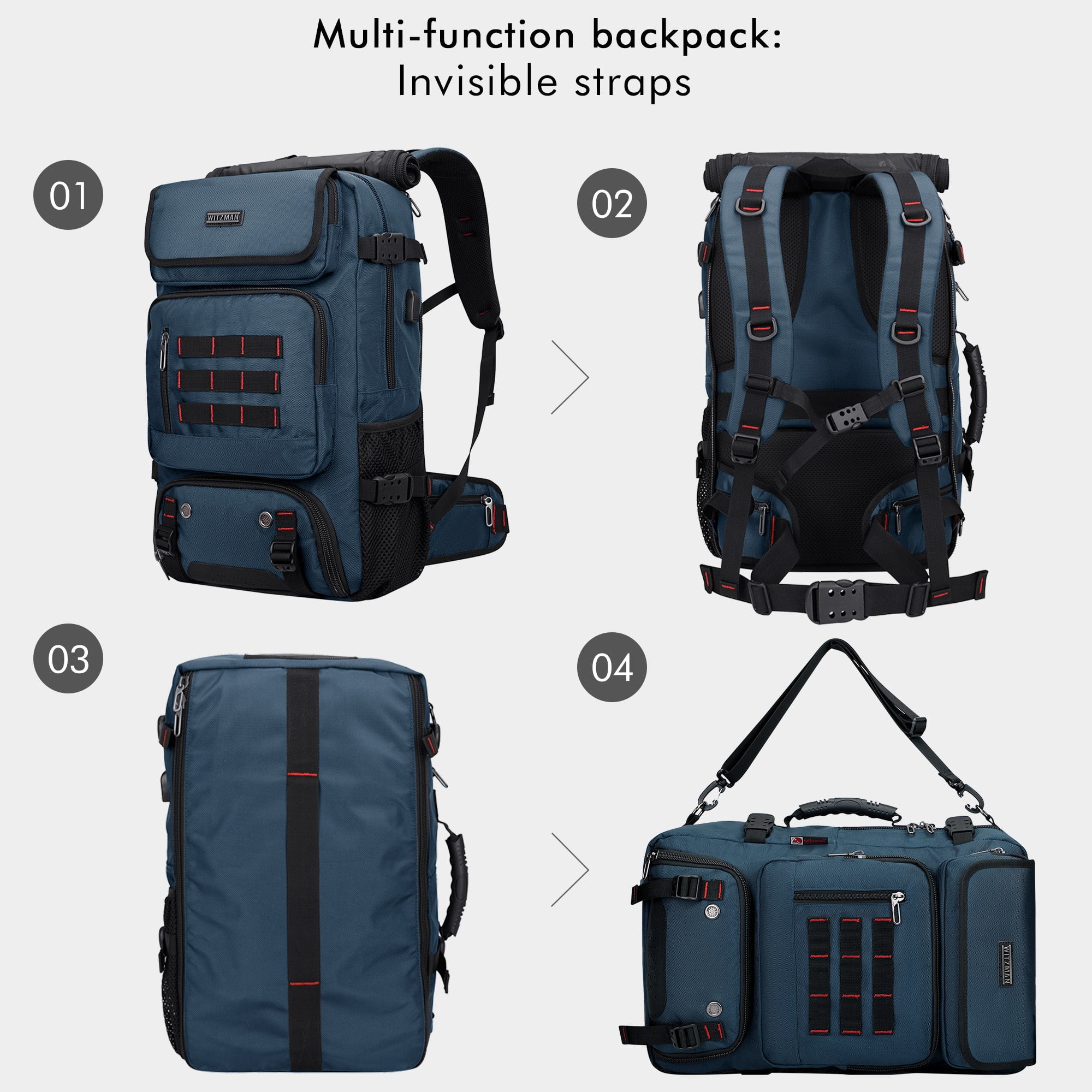 WITZMAN Carry on Travel Backpack for Men Airline Approved Convertible Nylon Duffle Backpack Luggage Bag(B682 Blue)