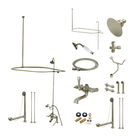 Kingston Brass CCK1178DAL Vintage Tub Wall Mount Clawfoot Tub Faucet Package with Shower Enclosure, Hand Shower and Tub Drain, Brushed Nickel