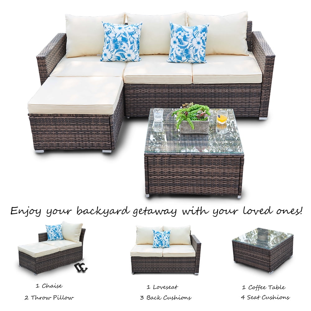 SUNTONE Patio Sectional Set - 3 Pieces Outdoor Conversation Set Wicker Rattan Outdoor Furniture Sofa with Table, Beige