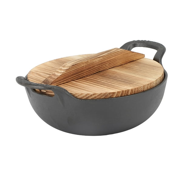 Cast Iron Wok Pan, Non Stick Coating Pre Seasoned Cast Iron Wok With 2  Handles & Lid Flat Base Heavy Duty Iron Chinese Wok For Stir Fry Grill Steam Authentic Versatile Cooking