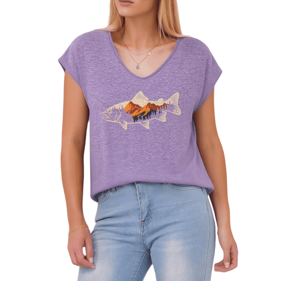 Giffimy Women's Mountain Scene Fish S-5XL V-Neck Sleeveless T-Shirt Fashion Fishing Lover Tank Top