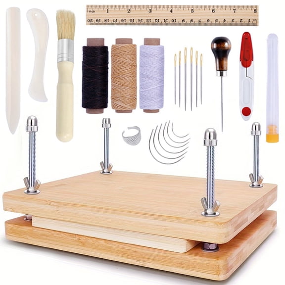 Book Press Bookbinding Kit,DIY Bamboo Wood Book Binding Starter Tools with Rulers,Bone Folder,Brush,Curved Needles,Thread for Beginners 11.6*8 Inch