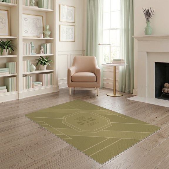 ODIKA 4'x6' Olive Green Art Geometric Octagonal Washable Area Rug Contemporary With Central Star Motif And Angular Border Framework Non-Slip, Chair-Friendly, Flatwoven for Home Office, Under Desk