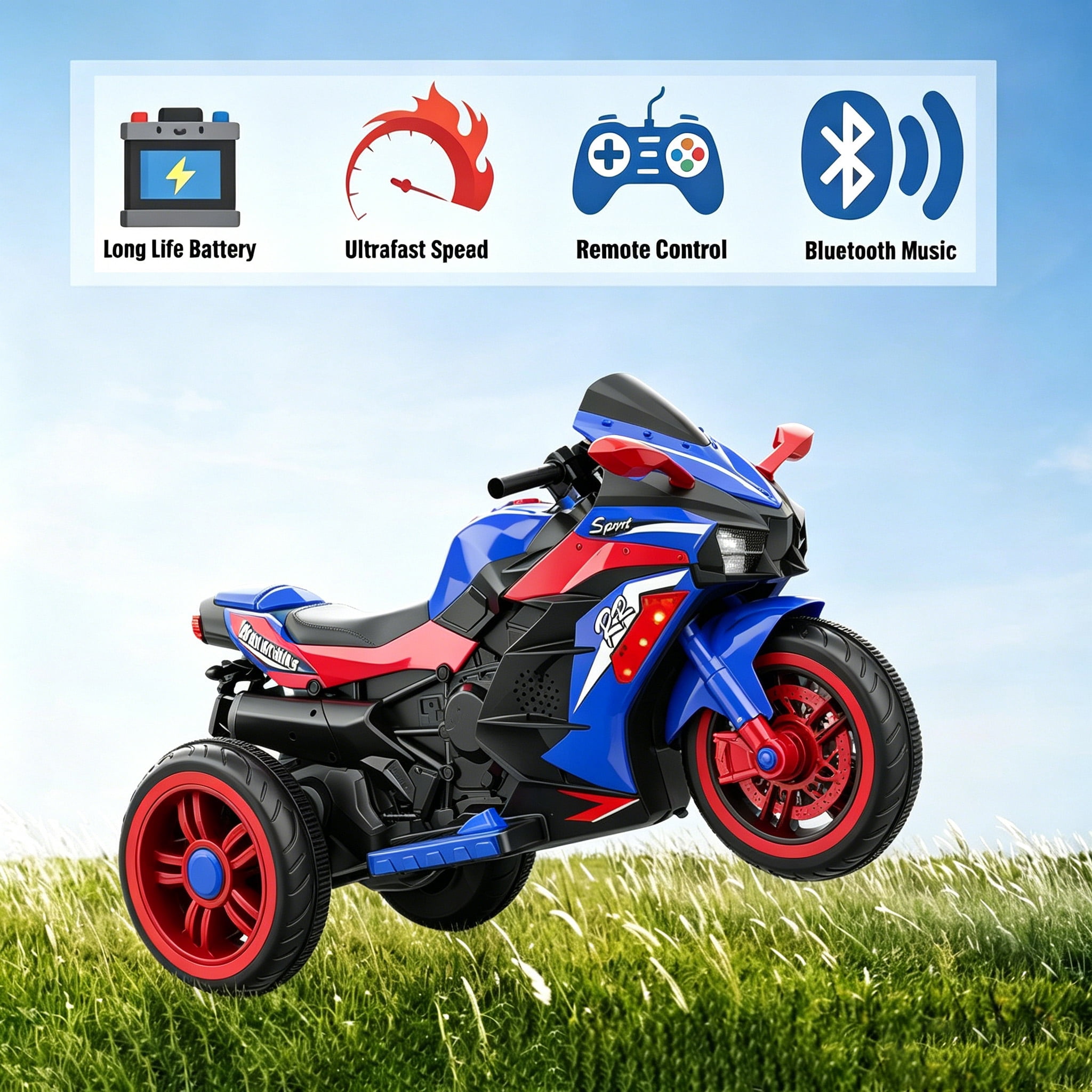 HNH Kids Motorcycle for Kids 3-6, 12V Battery Powered Bike Electric Motorbike with Remote Control, LED Lights, Bluetooth Music, Ride on Toys