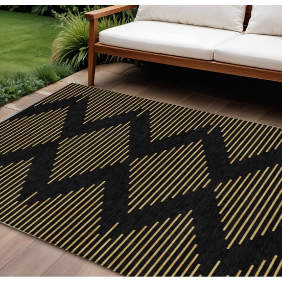 10' X 14' Black And Beige Geometric Washable Indoor Outdoor Area Rug