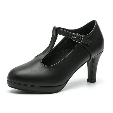 DADAWEN Womens Pumps Round Toe T-Strap Mid Heels Bridal Wedding Party Dress Shoes Black 6.5 US