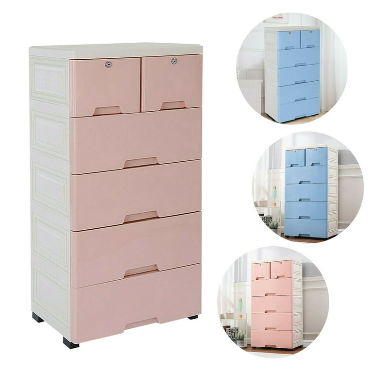 5 Drawer Dresser, Plastic Wide Chest of Drawers Storage Dresser Cabinet  with Wheels, Large Craft Storage Organizer Drawer Unit for Living Room  Bedroom