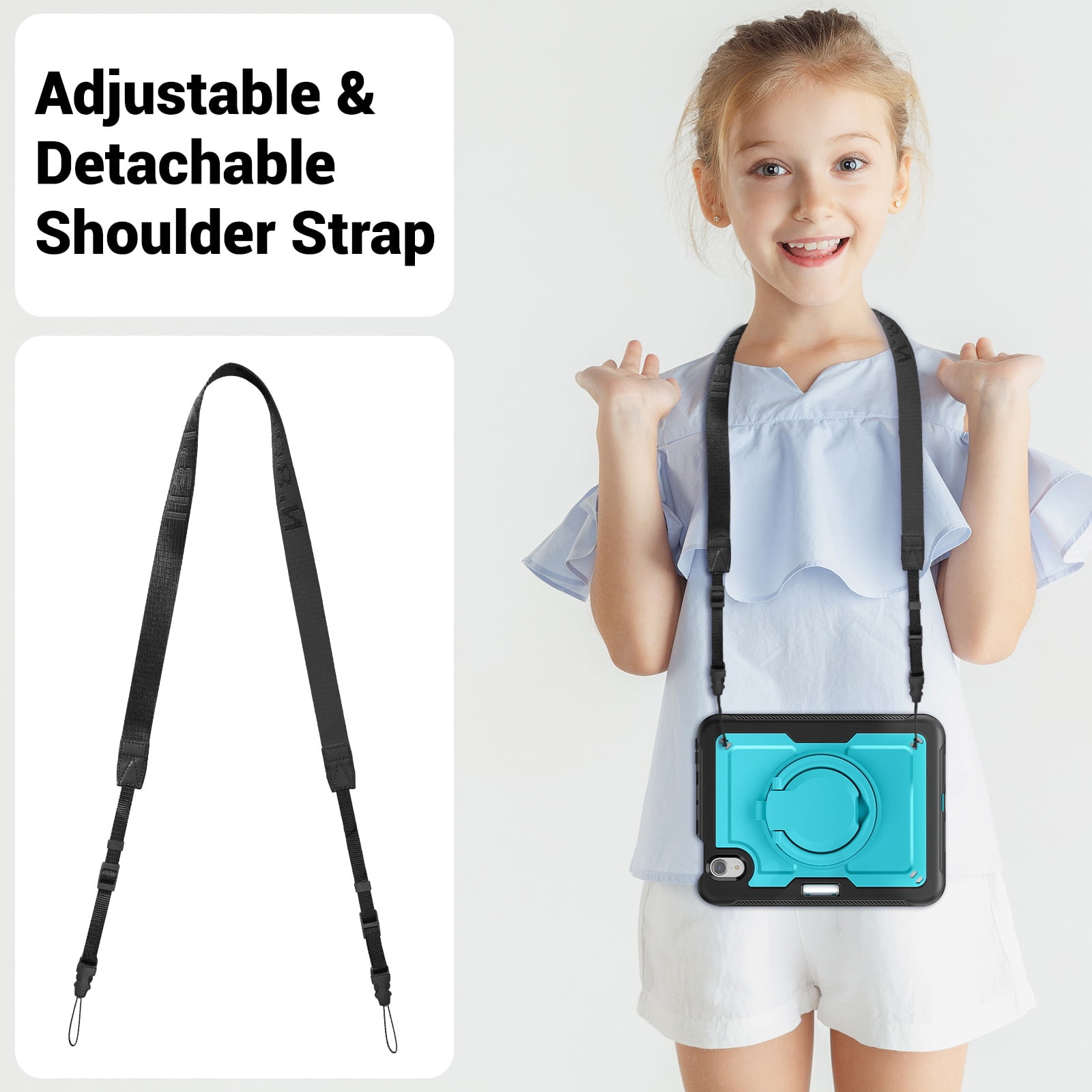Shockproof Case for Apple iPad Mini 6th 7th Generation 8.3 Inch, Rugged Hybrid Protective Cover with Pencil Holder & Shoulder Strap Kids Friendly Rotating Kickstand Case for iPad Mini 6 7,Lightblue