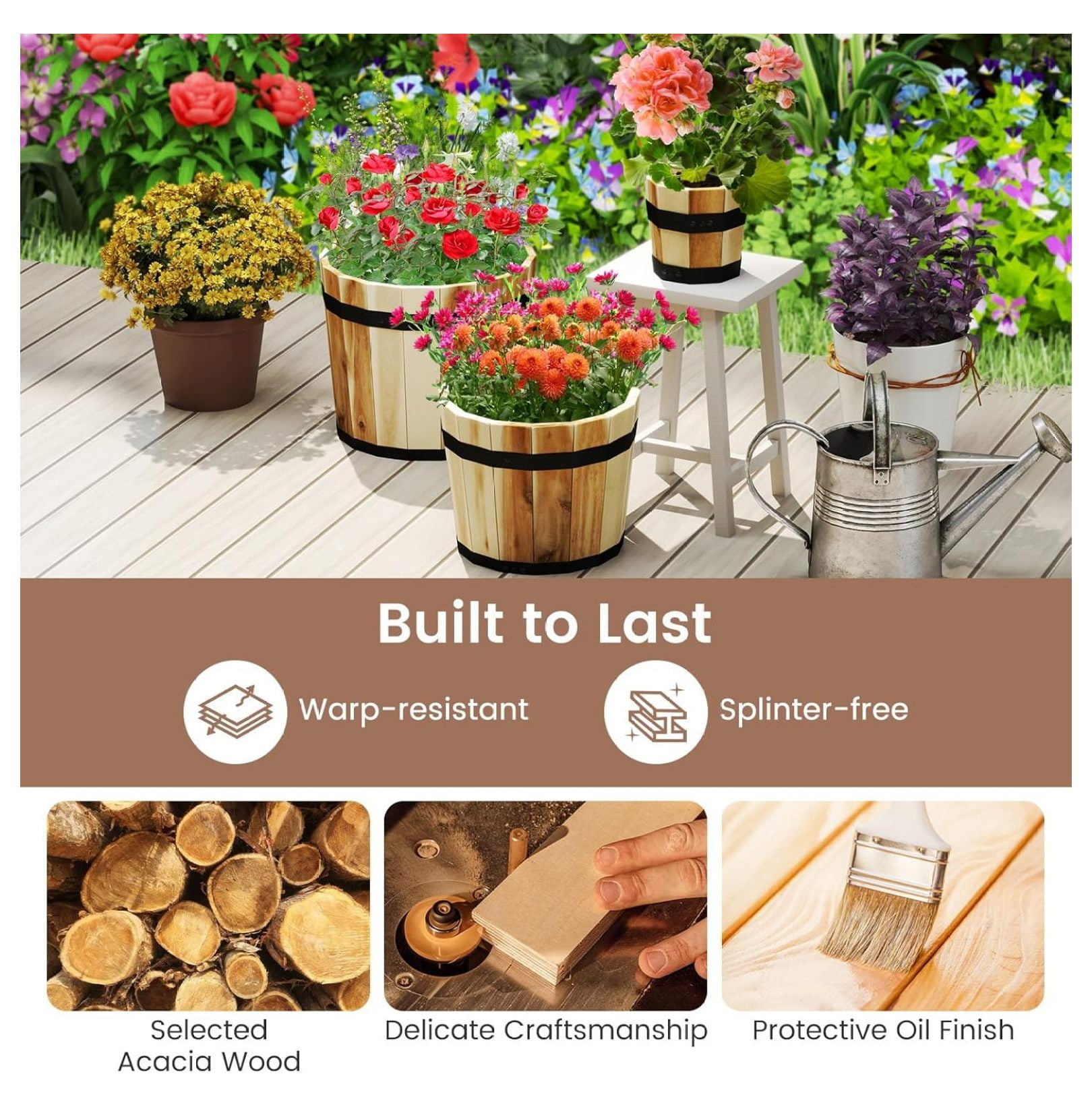 Wooden Plant Pots, 3-Piece Whiskey Barrel Planters w/ Drainage - Indoor Outdoor Flower & Herb Pots for Patio, Garden, Home Decor