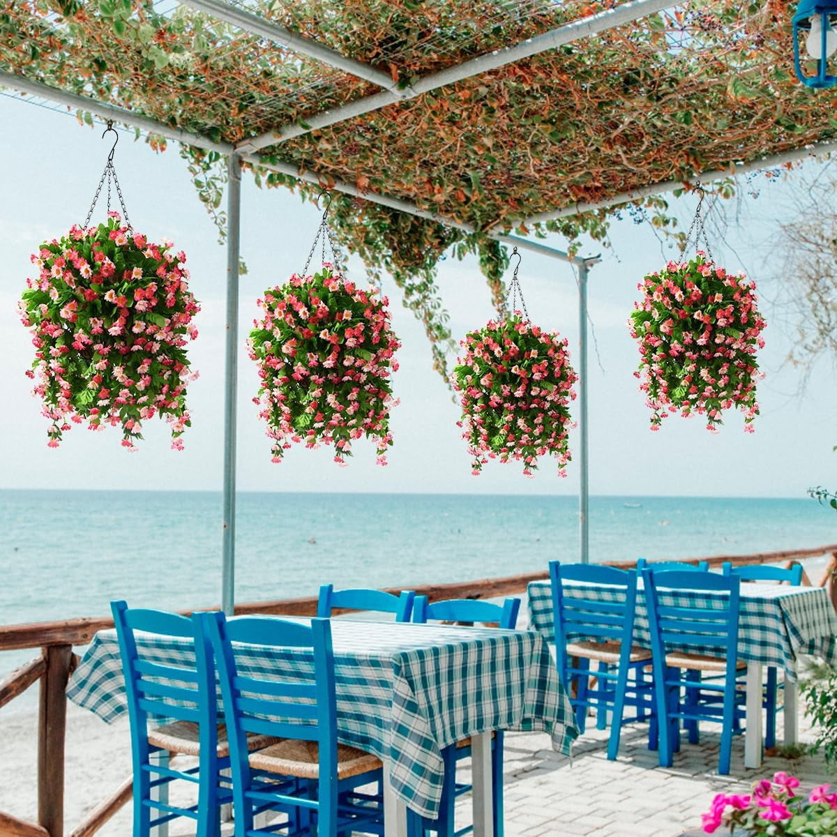 Artificial Silk Flowers in Hanging Basket Outdoor Indoor Garden Decor, Artificial Hanging Plant in Basket, Hanging Daisy Flowers with 12inch Coconut Lining Chain Palm Flowerpot(Pink)