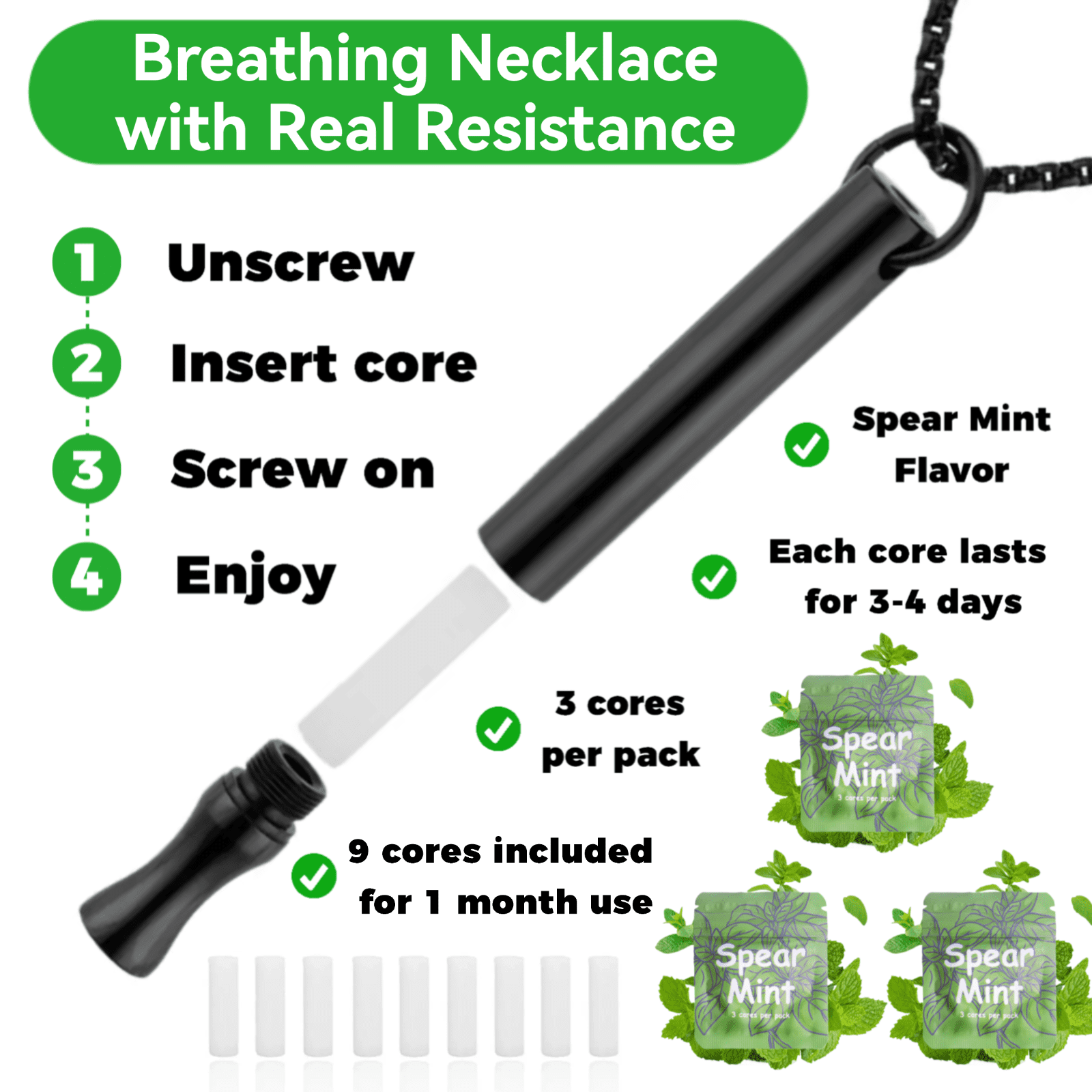 Breathing Necklace to Replace Bad Habit with 3 Packs Spearmint Refillable Pods, Habit Support Necklace for Stress Relief Sensory Fidget for Adults