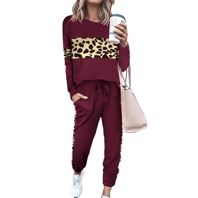PRETTYGARDEN Conjunto Deportivo Femenino de 2 Piezas en Rojo Vino con Estampado de Leopardo XL