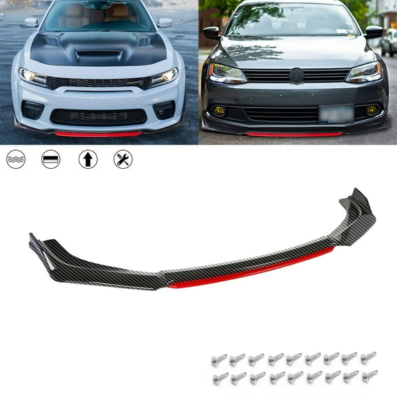 Xotic Tech Front Bumper Lip Chin Spoiler Splitter Diffuser Protector Body Kit Compatible with Honda Accord Civic or Volkswagen MK5 MK6 MK7 or Kia Optima or Mitsubishi Lancer, Carbon Black w/Red 4pcs
