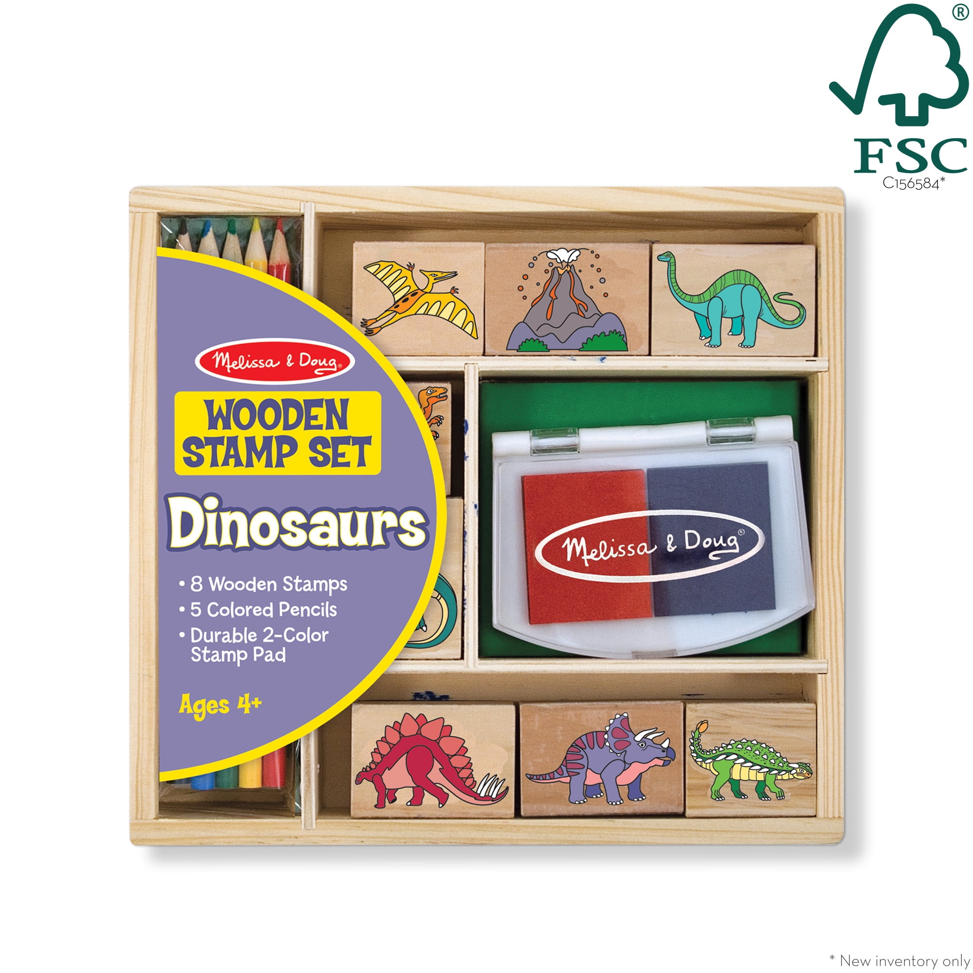 Melissa & Doug Jeu de timbres en bois Dinosaures, Tampons, Cadeau pour filles et garçons, 8 timbres, tampon d’encre, 5 crayons, Jouet créatif, Loisirs créatifs pour filles et garçons de 3 4 5 6 7 ans