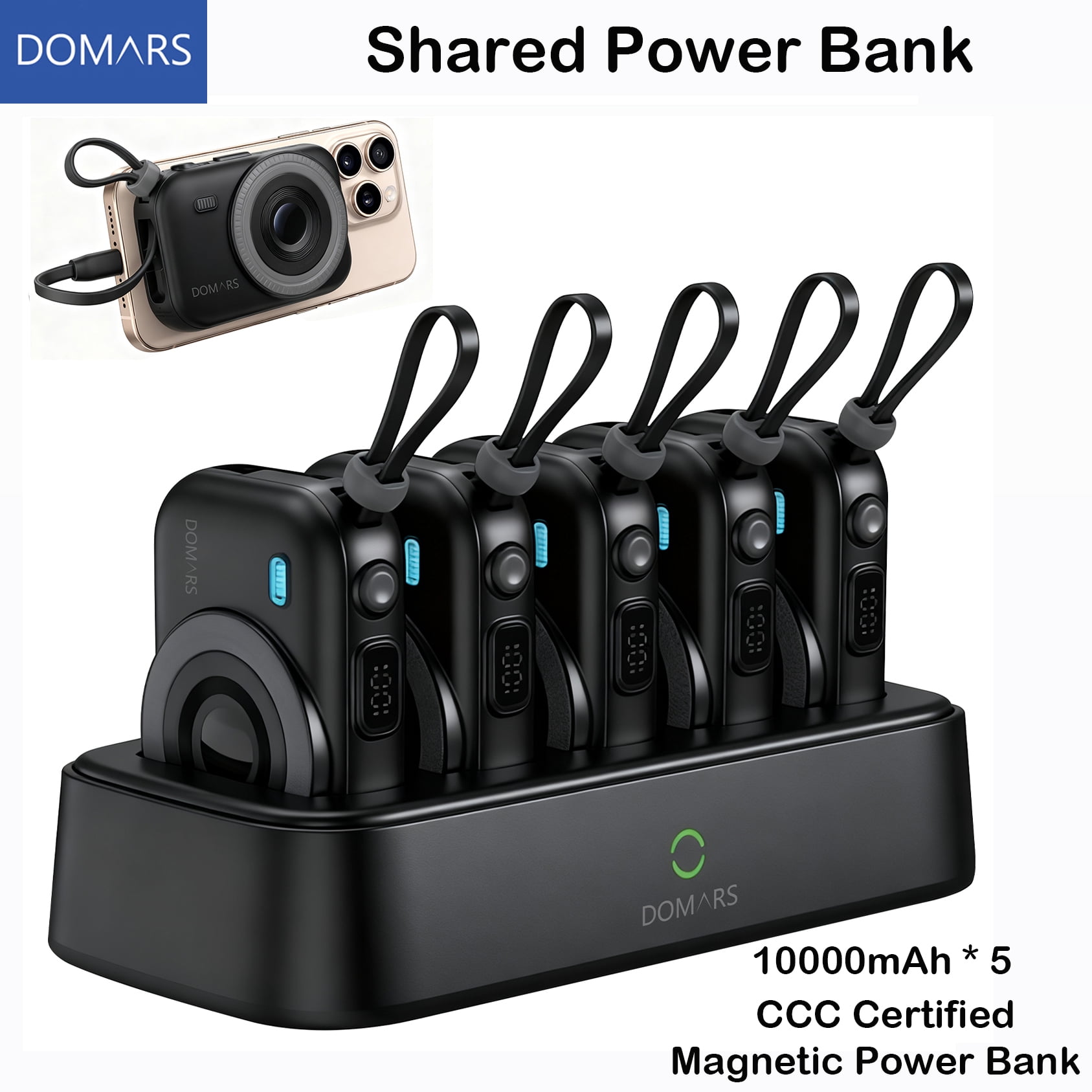 Domars 5pcs 10000mAh Magnetic Power Bank Set, 22.5W Fast Charging Portable Charger with Charging Base, Built-in Type-C & Lightning Cable, Strong Magnetic Adsorption for Home Office Travel