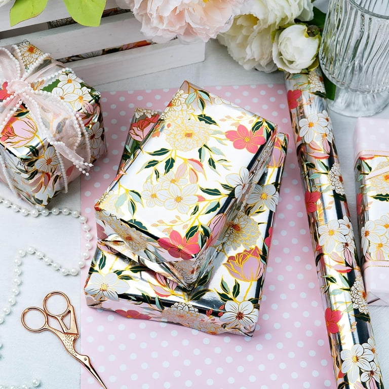 HOMERAL Reversible Floral Wrapping Paper, Pink Flowers, 17" x 33 Feet photo 6