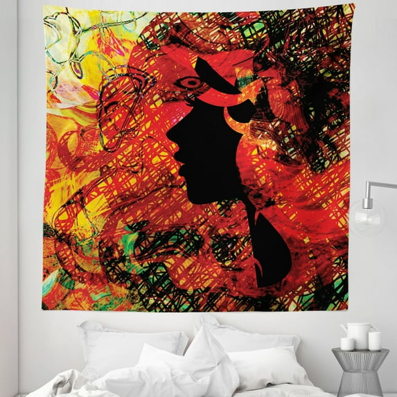 Women Tapestry, Colorful Scribble Style Sketch Abstract Side View Profile Portrait Artwork, Fabric Wall Hanging Decor for Bedroom Living Room Dorm, 5 Sizes, Scarlet Black Mustard, by Ambesonne