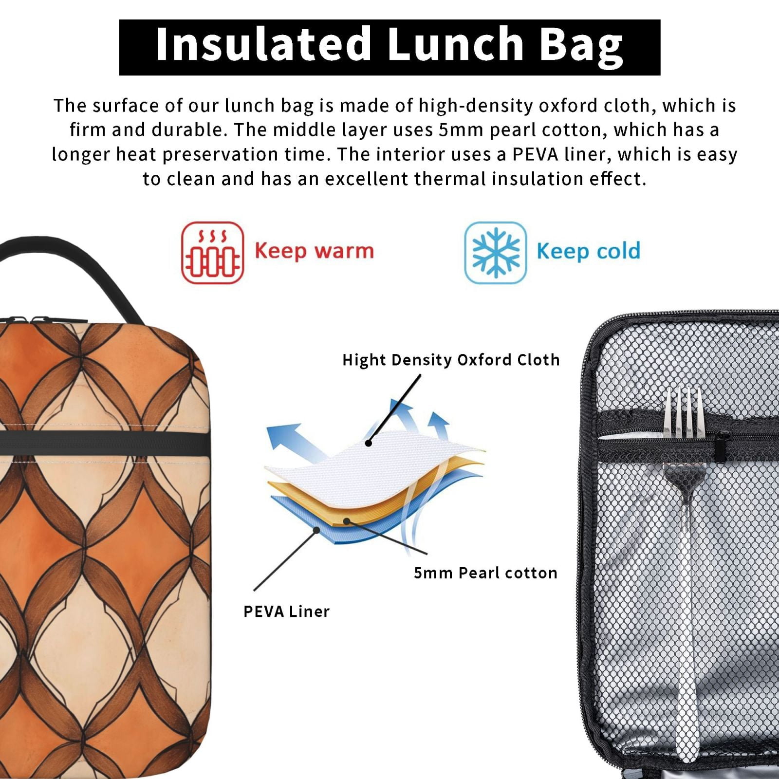 Lunch Bag For Women Men Insulated Portable Lunch Box Bento Box Office Picnic Travel Cooler Bag Sandybrown Moroccan Trellis Hand-Drawn Sketch_1