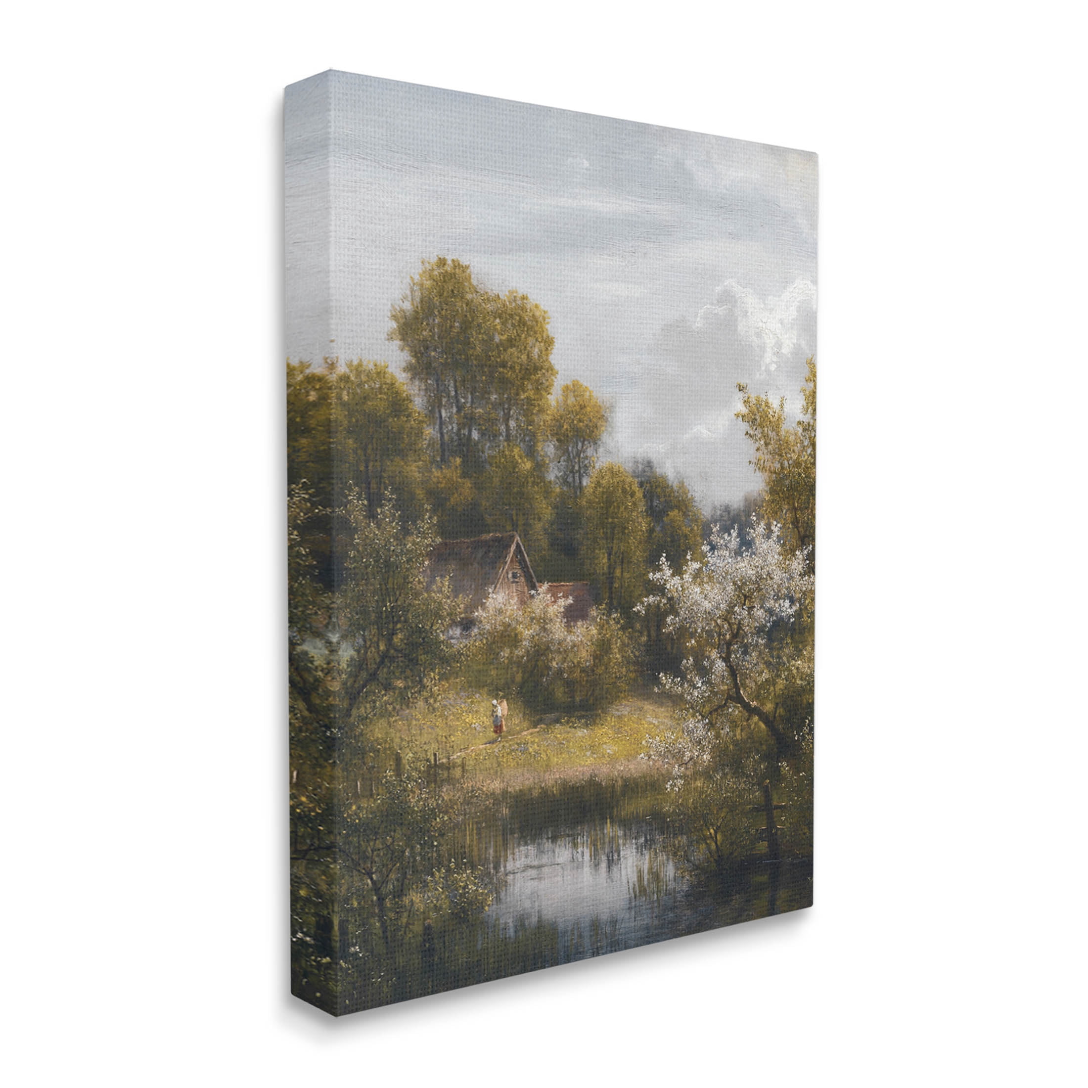 Classic Cottage Backyard Pond Landscape Painting Gallery Wrapped Canvas Print Wall Art