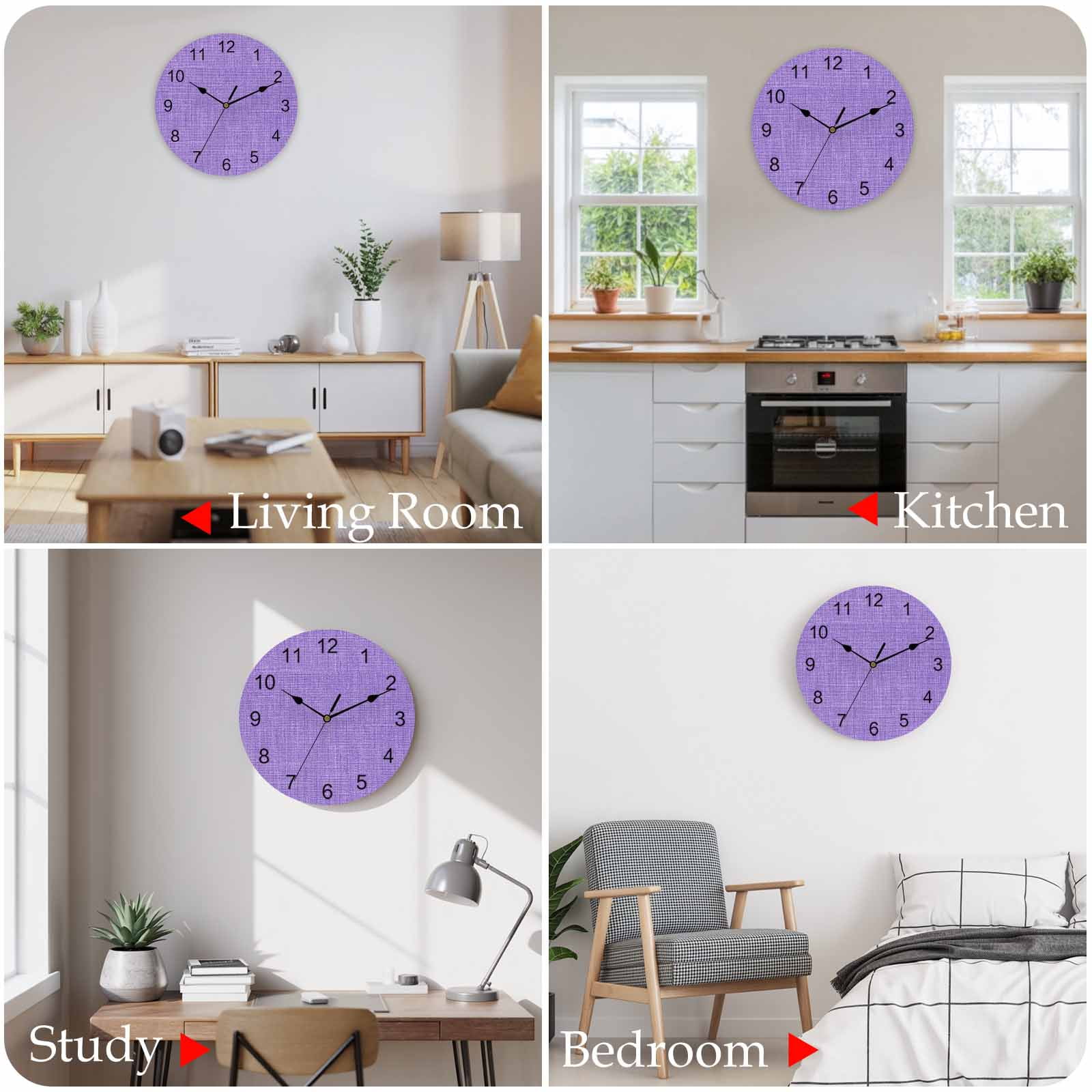 Wall Clock Purple Linen Texture Clocks PVC Silent Non-Ticking Battery Operated Decorative Farmhouse Solid Color Round Clock for Home Living Room Kitchen Bedroom Office School Wall Decor 14 Inch