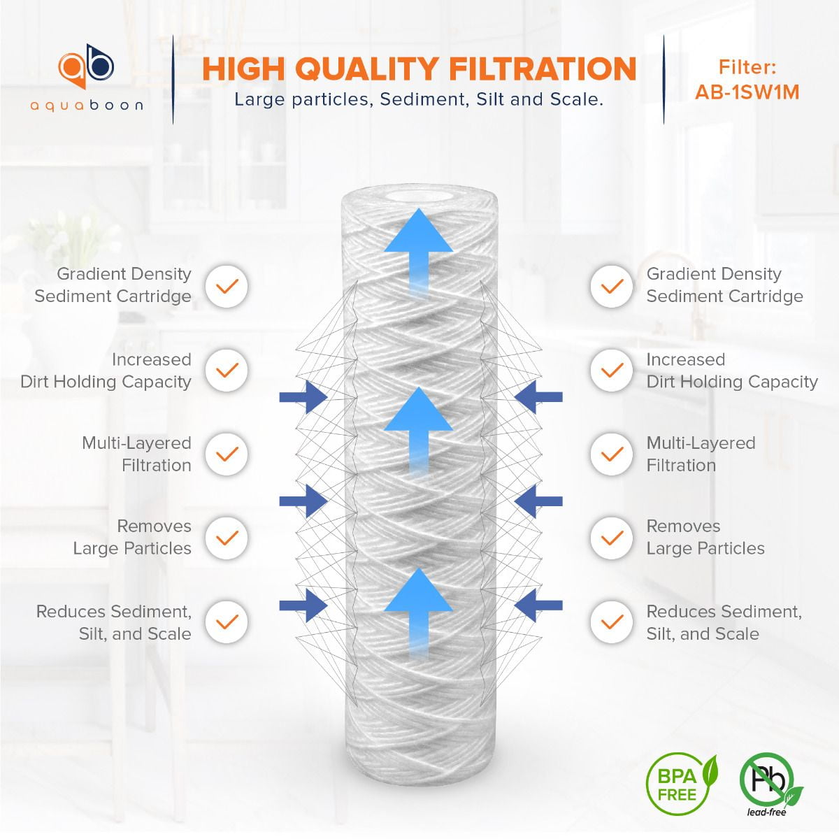 Aquaboon 1 Micron 10" x 2.5" String Wound Sediment Water Filter Cartridge | Universal Replacement for Any 10 inch RO Unit | Compatible with WFPFC4002, CW-F, PFC4002, 25-Pack