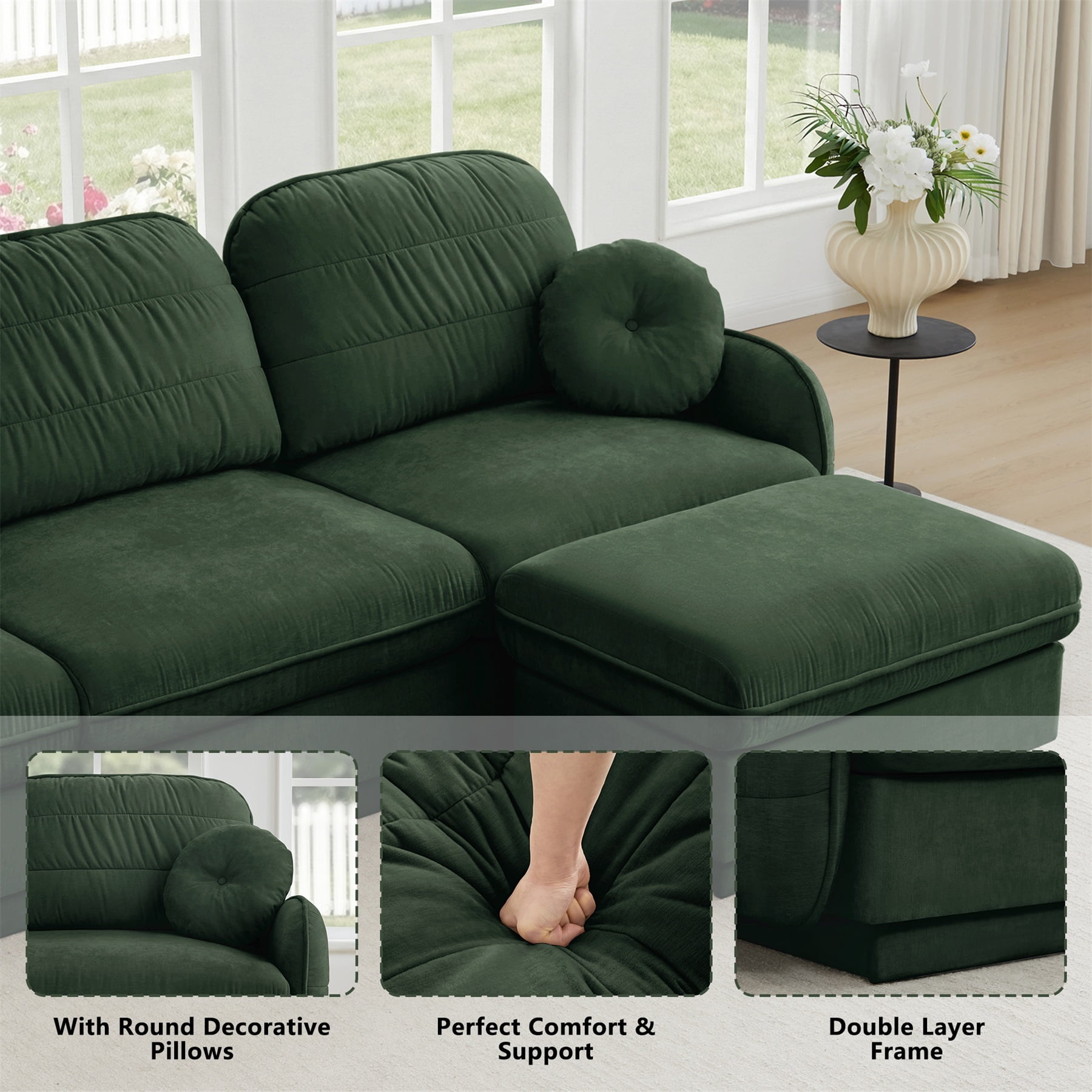 Alvantor Oversize Sectional Sofa 105" L-Shaped Deep Seat Couch with Recessed Base for Living Room, Easy Assembly Green