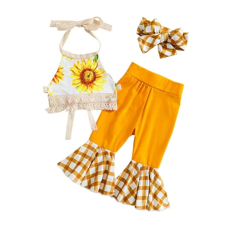 

Bagilaanoe 3pcs Toddler Baby Girl Long Pants Set Sunflower Sleeveless Crop Tops + Flare Trousers + Headband 6M 12M 18M 24M 3T 4T 5T Kids Casual Outfits