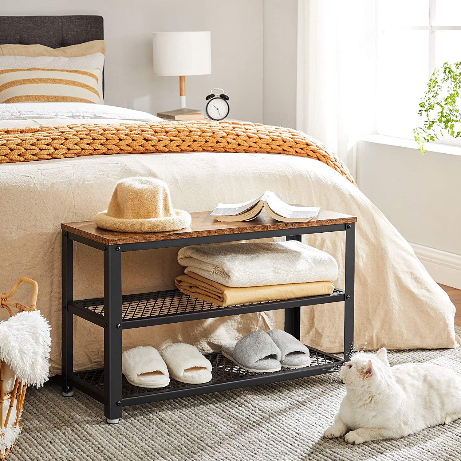 VASAGLE Industrial Shoe Bench, 3Tier Shoe Rack Brown