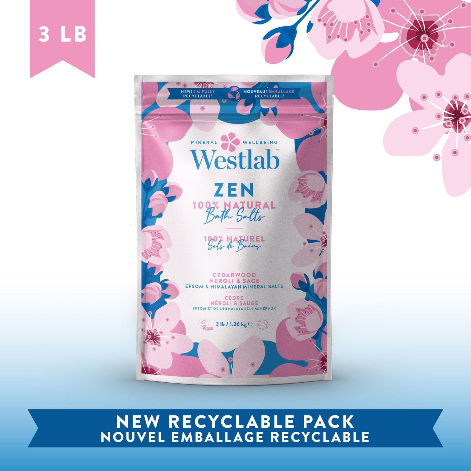 Westlab Zen - Epsom & Himalayan Bathing Salts with Cedarwood, Neroli & Sage Oils | 100% natural, 100% vegan, 100% cruelty-free, 1.36Kg (3lb)