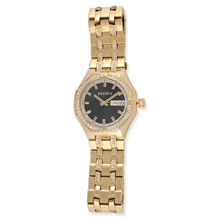 Elgin Adult Men's Gold and Crystal Round Case Watch with Date