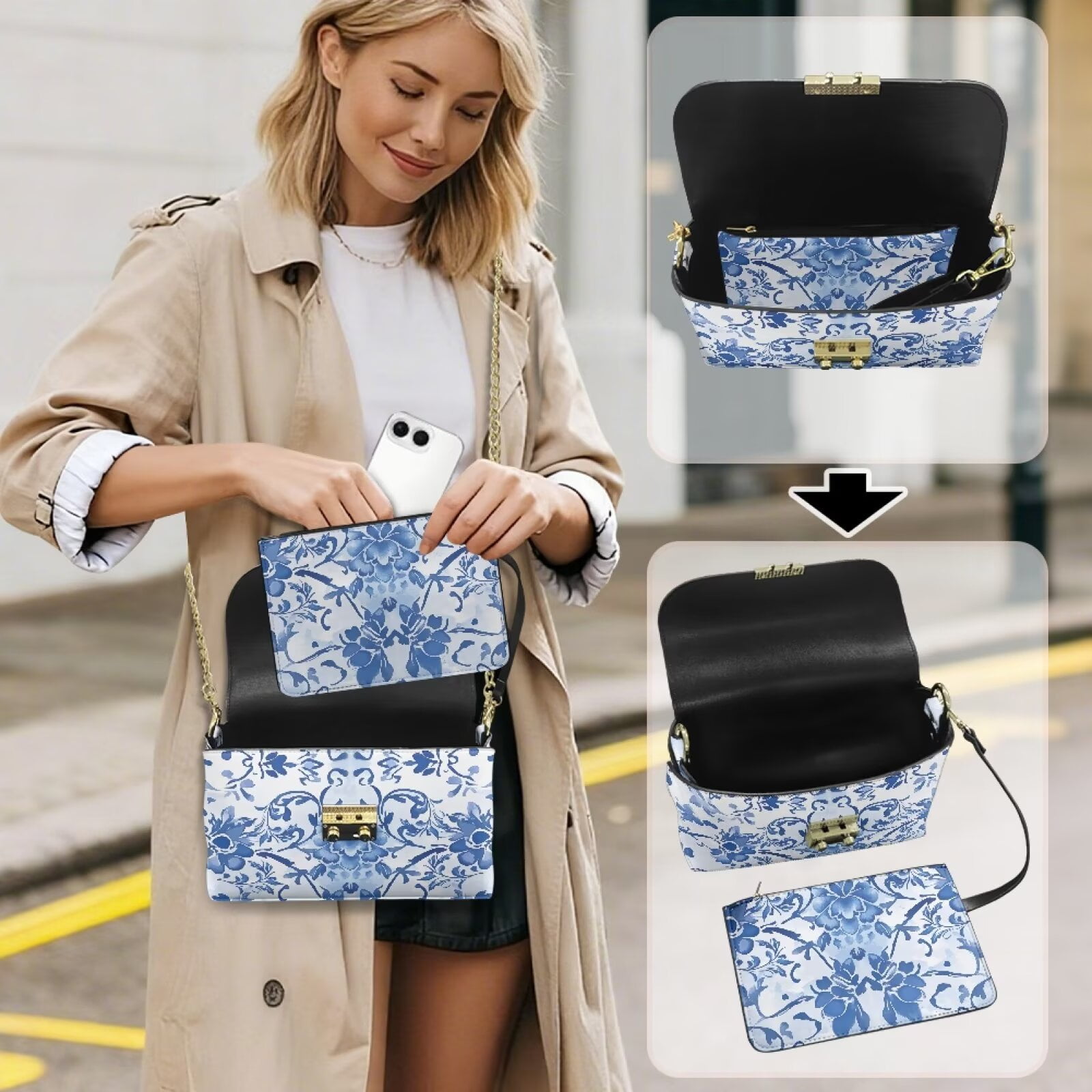 Pzuqiu Blue Flower Crossbody Bags Leather Women Versatile Soft Trendy Small Leather Crossbody Bags for Women with Chain Strap Fashion Craftsmanship for Daily Use
