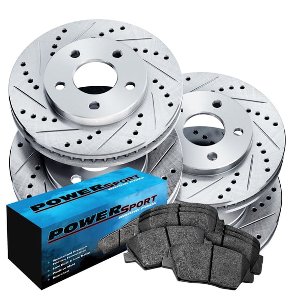 PowerSport Front Rear Brakes and Rotors Kit |Front Rear Brake Pads| Brake Rotors and Pads| Semi Metallic Brake Pads and Rotors |fits 1995-2000 Chrysler Cirrus, Sebring; Dodge Stratus; Plymouth Breeze