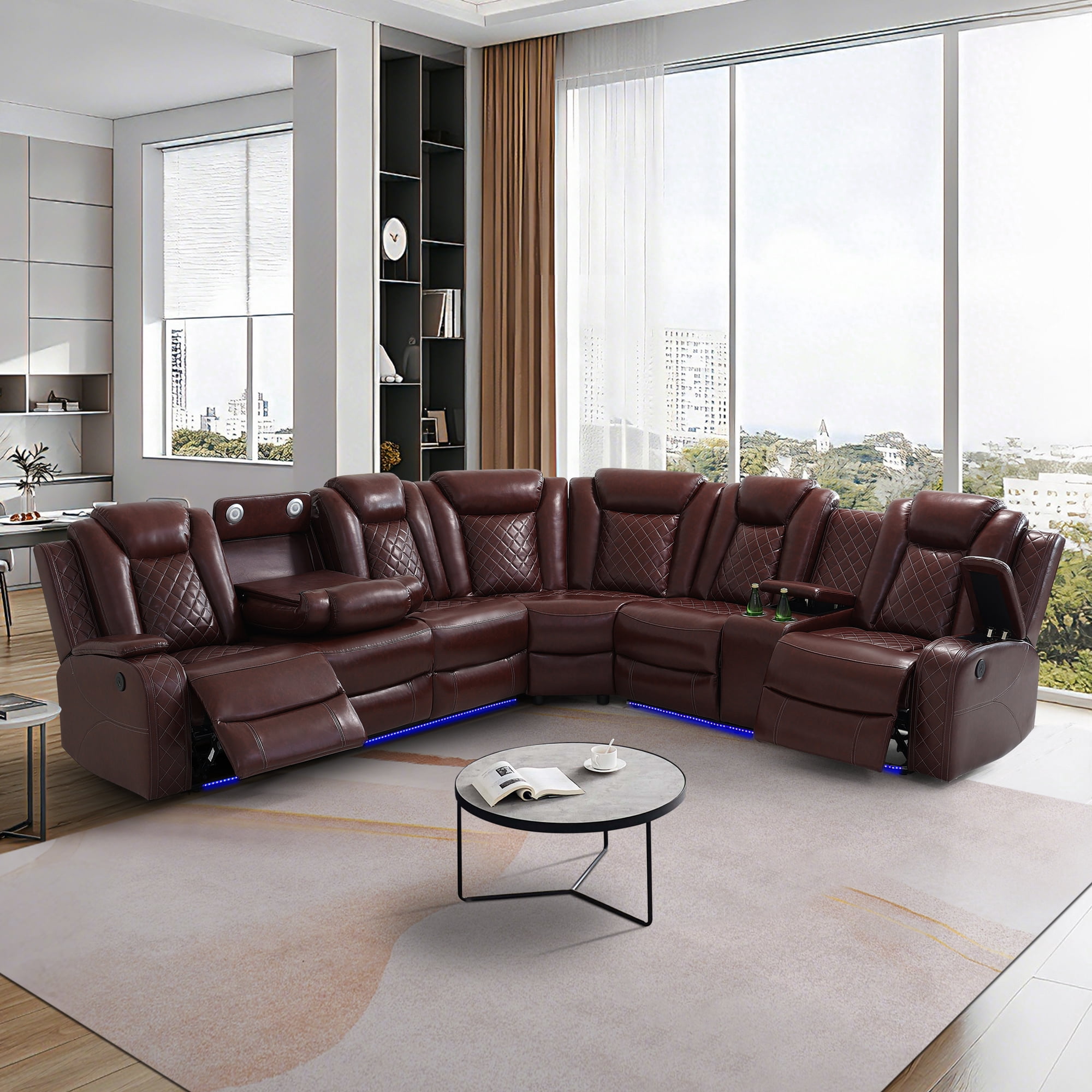 Gewnee Air Leather Power Recliner Sectional Sofa，L‑Shaped Recliner Couch with Cup Holders，Wireless Charging, LED Ambient Light, Console Storage，Home Theater Sofa for Living Room,Brown