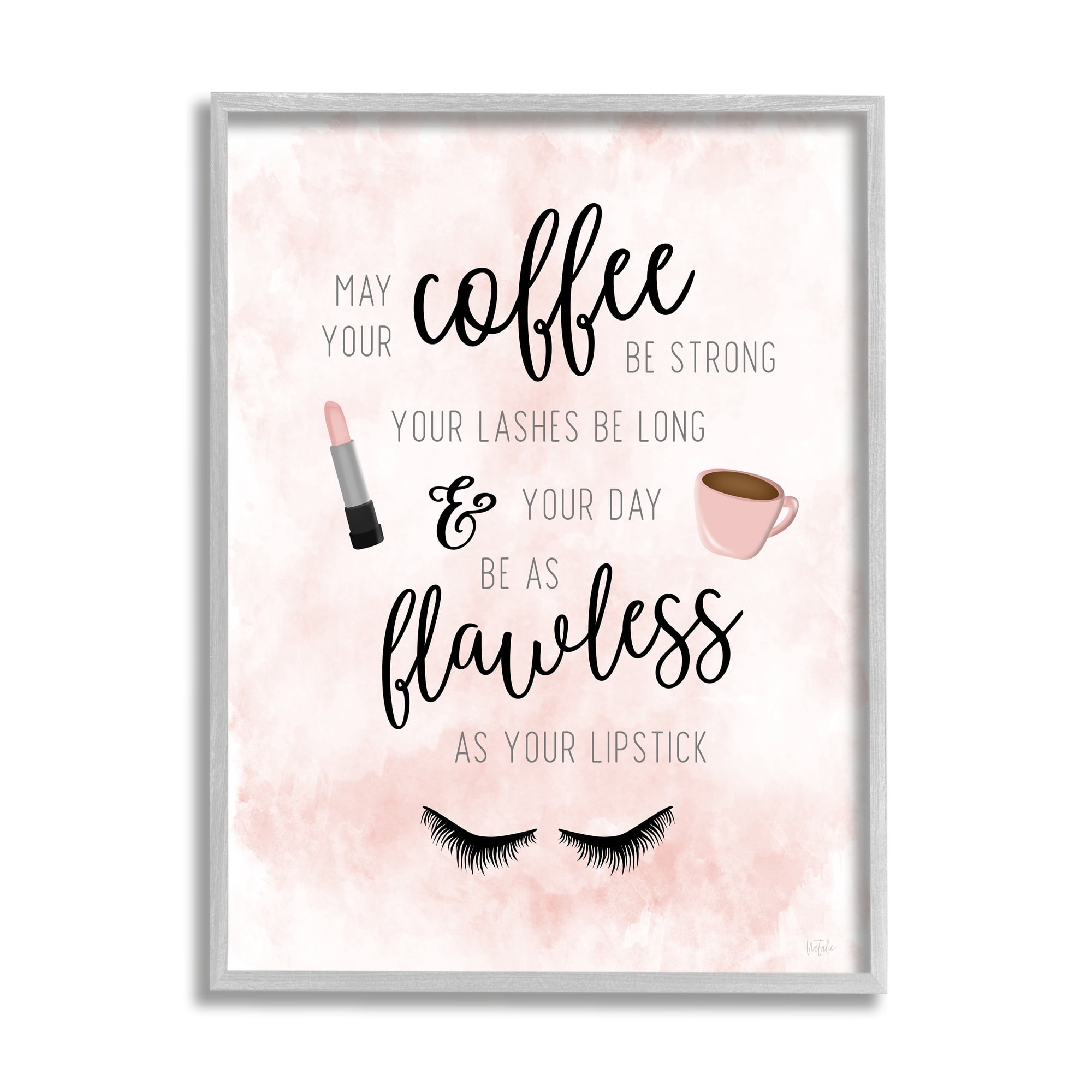 Stupell Industries Inspirational Flawless Phrase Glam Lashes Coffee Calligraphy Graphic Art Gray Framed Art Print Wall Art, Design by Natalie Carpentieri