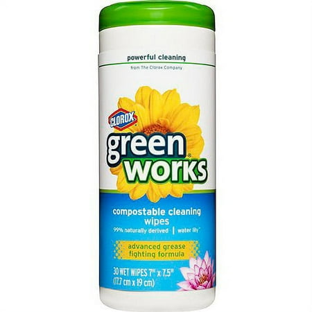 Green Works Natural Household Cleaning Compostable Disinfecting Wipes, Water Lily Scent, 30 ct