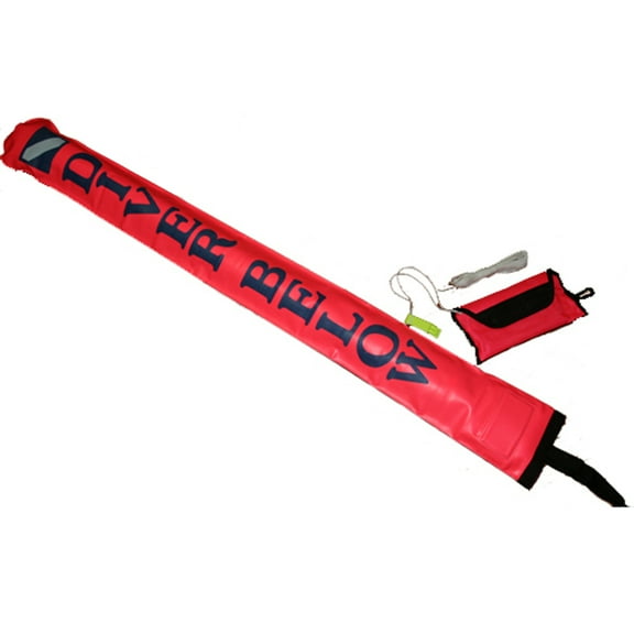 Open Bottom Delayed Surface Marker Buoy (DSMB) with Pouch, Nylon Line, Attached Clips, and Whistle., 4FT. tall, x 6" wide