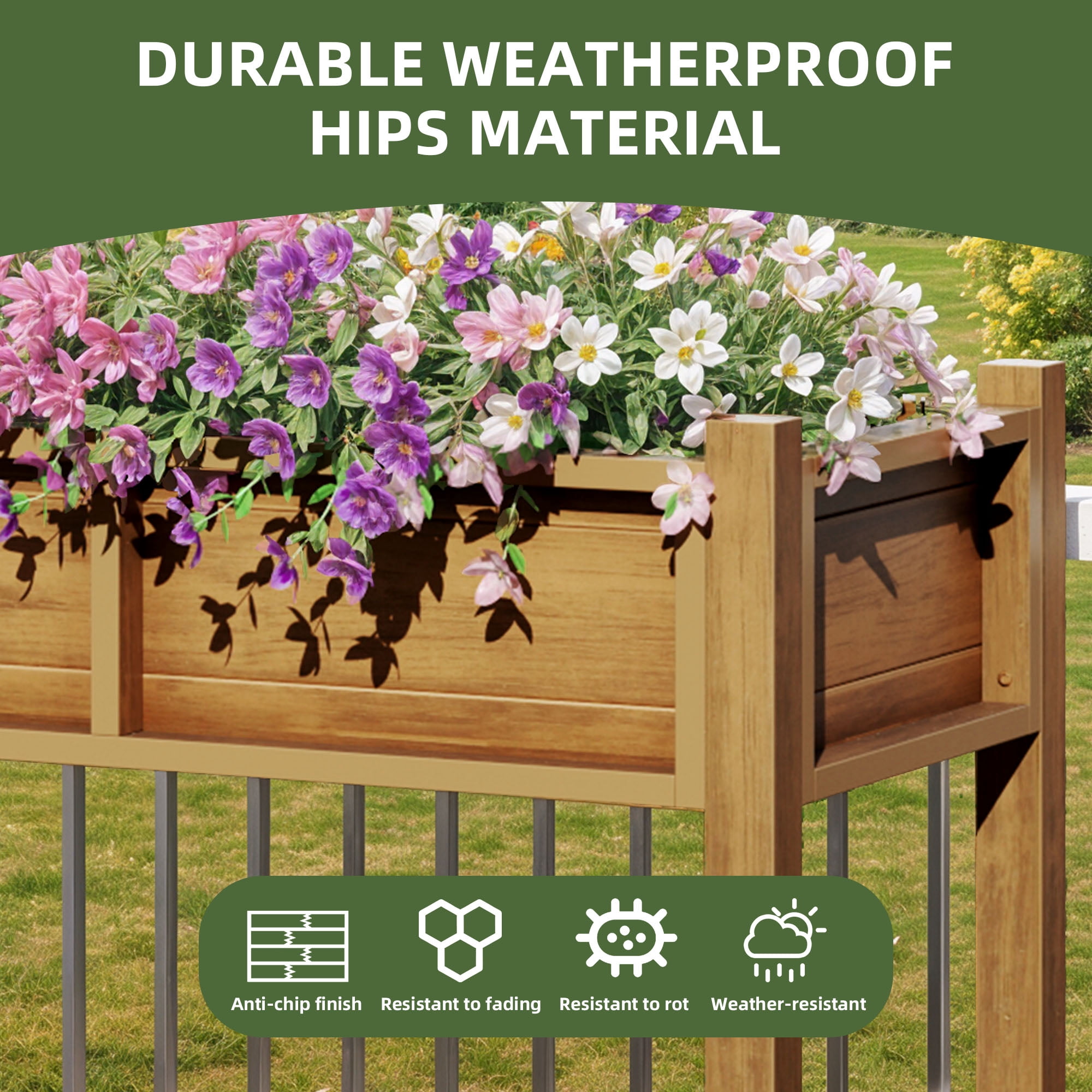 Uforic 34"W HIPS Elevated Planter Box, Weatherproof Raised Garden Bed with Drainage, Natural
